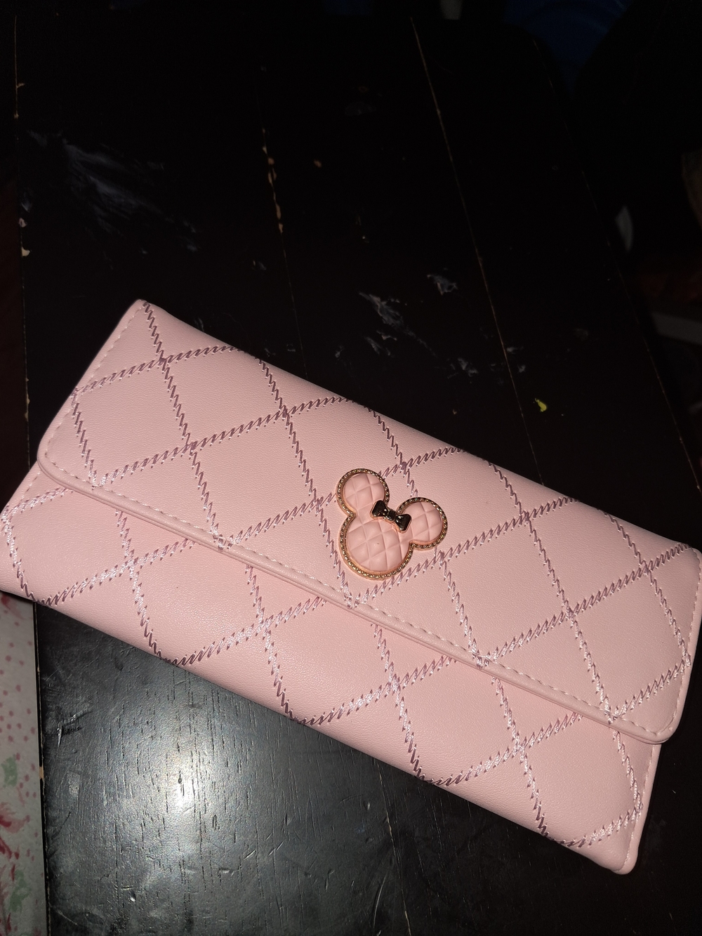 Quilted Pink Wallet with Gold Minnie Mouse Charm
